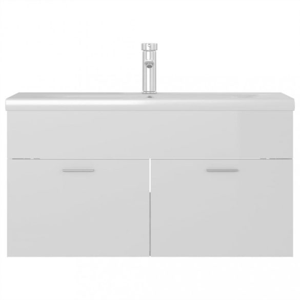 magasfényű fehér szerelt fa mosdószekrény beépített kagylóval