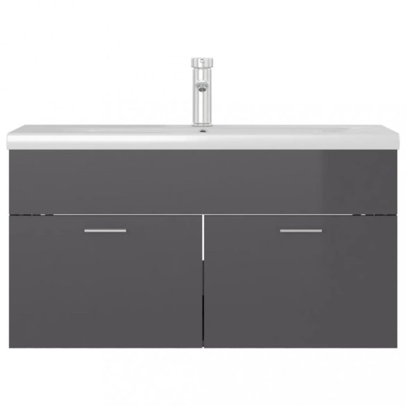 magasfényű szürke szerelt fa mosdószekrény beépített kagylóval