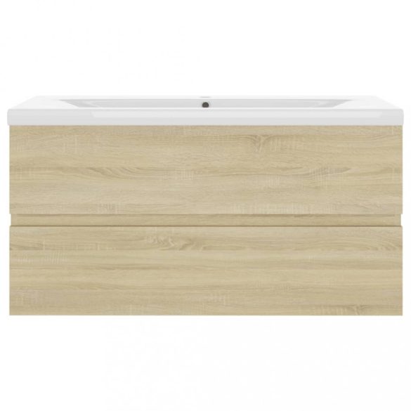 tölgyszínű szerelt fa mosdószekrény beépített mosdókagylóval