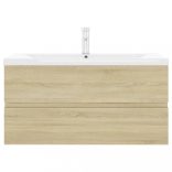 tölgyszínű szerelt fa mosdószekrény beépített mosdókagylóval