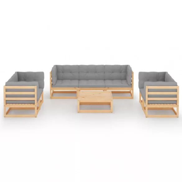 8 részes tömör fenyőfa kerti ülőgarnitúra párnákkal