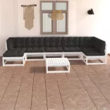 8 részes tömör fenyőfa kerti ülőgarnitúra párnákkal