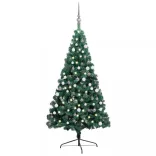 zöld megvilágított fél műkarácsonyfa gömb szettel 150 cm