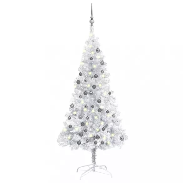 ezüstszínű PET megvilágított műkarácsonyfa gömb szettel 120 cm
