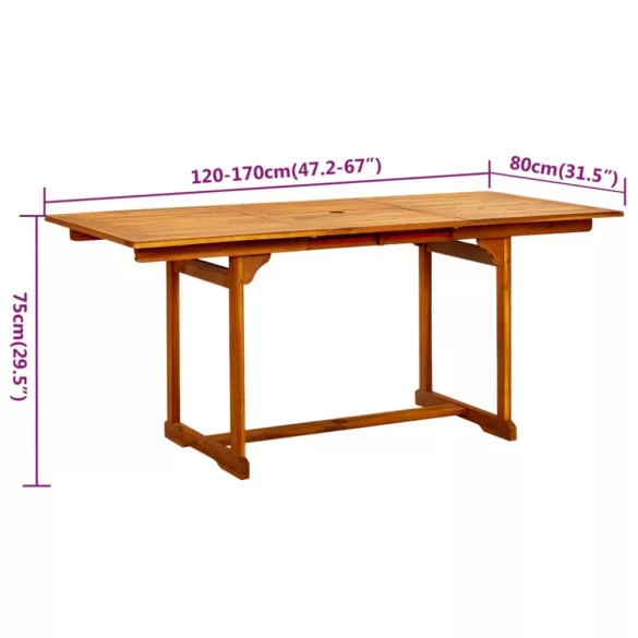 7 részes tömör akácfa kerti étkezőgarnitúra 120-170 cm