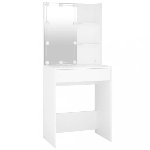 fehér szerelt fa fésülködőasztal LED-ekkel és szekrénnyel