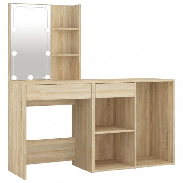 sonoma színű szerelt fa LED-es fésülködőasztal szekrénnyel