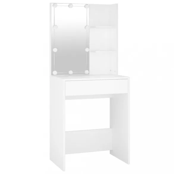 fehér szerelt fa fésülködőasztal LED-ekkel és 2 szekrénnyel