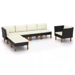   7 részes fekete polyrattan és eukaliptuszfa kerti ülőgarnitúra