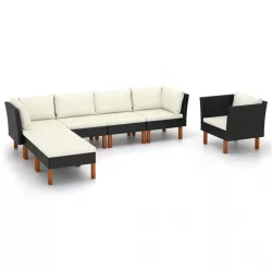   7 részes fekete polyrattan és eukaliptuszfa kerti ülőgarnitúra