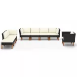 8 részes fekete polyrattan és eukaliptuszfa kerti ülőgarnitúra