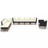 9 részes fekete polyrattan és eukaliptuszfa kerti ülőgarnitúra