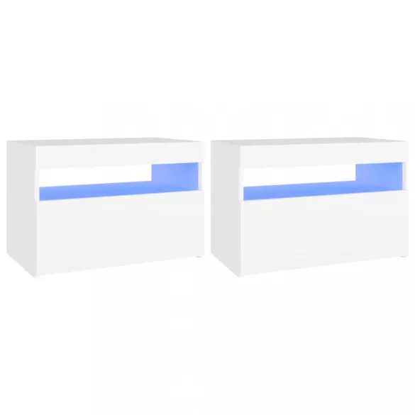 2 db fehér éjjeliszekrény LED-lámpákkal 60x35x40 cm szerelt fa