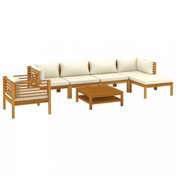 7 részes tömör akácfa kerti ülőgarnitúra krémszínű párnával