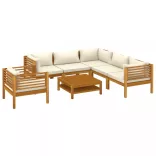 7 részes tömör akácfa kerti ülőgarnitúra krémszínű párnával