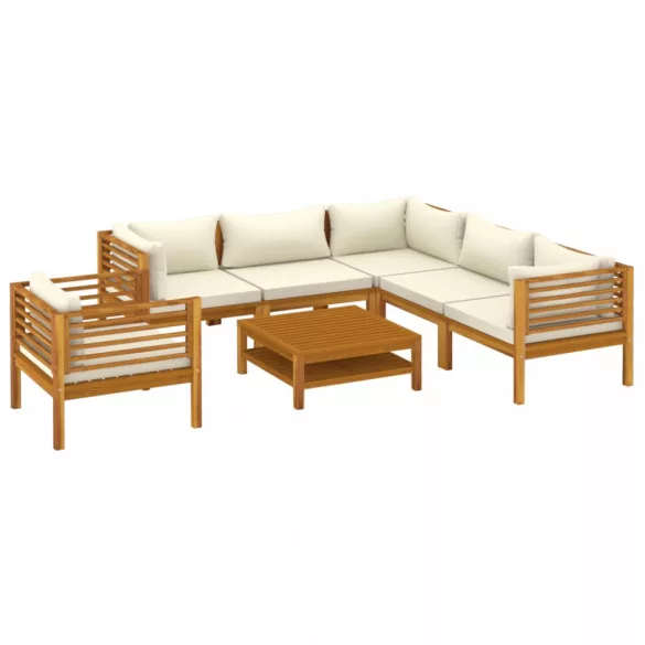 7 részes tömör akácfa kerti ülőgarnitúra krémszínű párnával