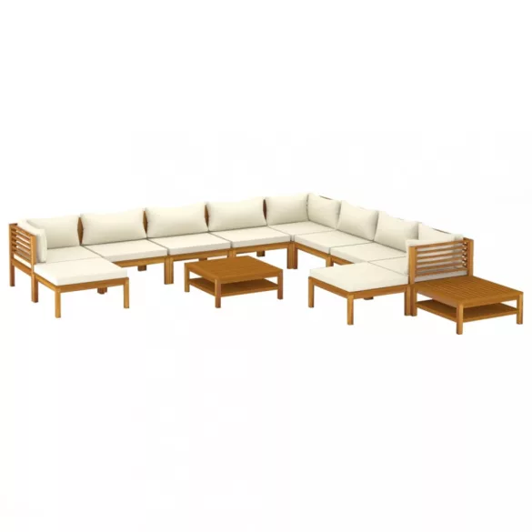 12 részes tömör akácfa kerti ülőgarnitúra krémszínű párnával