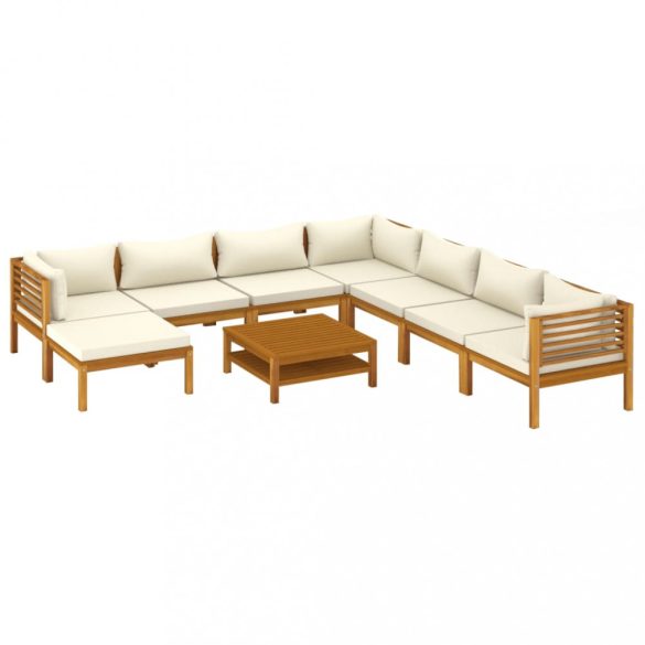 9 részes tömör akácfa kerti ülőgarnitúra krémszínű párnával