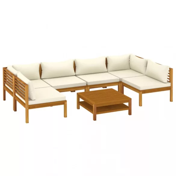 7 részes tömör akácfa kerti ülőgarnitúra krémszínű párnával