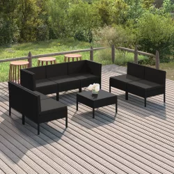   8 részes fekete polyrattan kerti ülőgarnitúra párnákkal