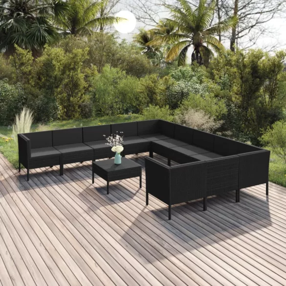 12 részes fekete polyrattan kerti ülőgarnitúra párnákkal