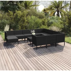   12 részes fekete polyrattan kerti ülőgarnitúra párnákkal