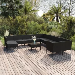   12 részes fekete polyrattan kerti ülőgarnitúra párnákkal