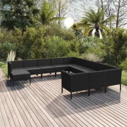   12 részes fekete polyrattan kerti ülőgarnitúra párnákkal