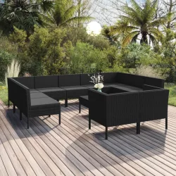   12 részes fekete polyrattan kerti ülőgarnitúra párnákkal