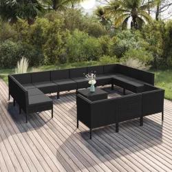   14 részes fekete polyrattan kerti ülőgarnitúra párnákkal