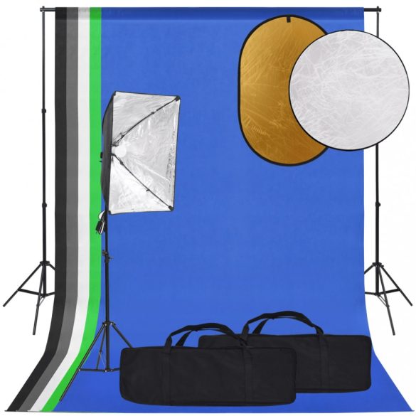 fotóstúdiószett softbox lámpával, háttérrel és reflektorral