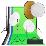 fotóstúdió-felszerelés lámpákkal, háttérrel és reflektorral