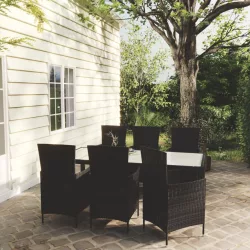   7 részes fekete polyrattan kültéri étkezőszett párnákkal