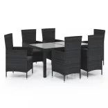 7 részes fekete polyrattan kültéri étkezőszett párnákkal