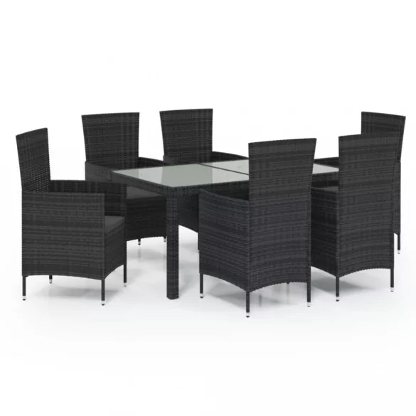 7 részes fekete polyrattan kültéri étkezőszett párnákkal