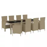 9 részes bézs polyrattan kerti étkezőgarnitúra párnákkal