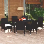 7 részes fekete polyrattan kerti étkezőgarnitúra párnákkal