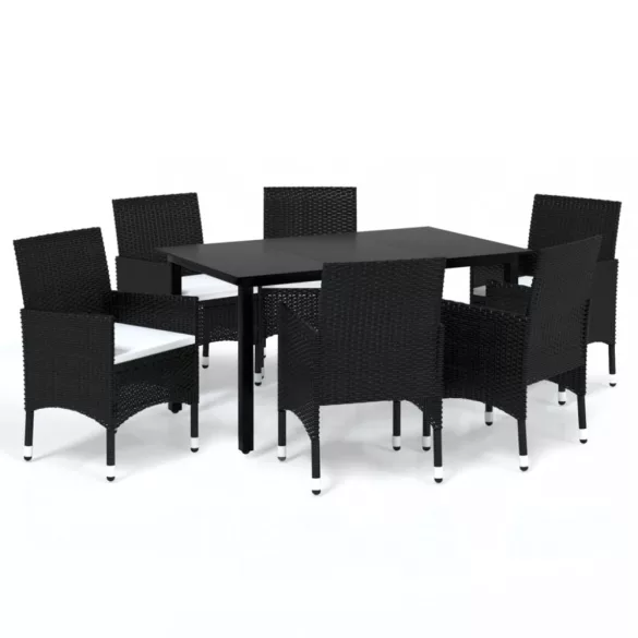 7 részes fekete polyrattan kerti étkezőgarnitúra párnákkal