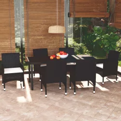   7 részes fekete polyrattan kerti étkezőgarnitúra párnákkal