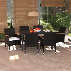   7 részes fekete polyrattan kerti étkezőgarnitúra párnákkal