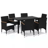 7 részes fekete polyrattan kerti étkezőgarnitúra párnákkal