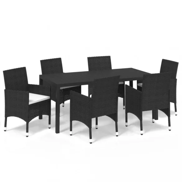 7 részes fekete polyrattan kerti étkezőgarnitúra párnákkal