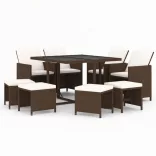 9 részes barna polyrattan kerti étkezőgarnitúra párnákkal