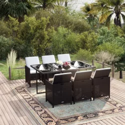   7 részes fekete polyrattan kerti étkezőgarnitúra párnákkal