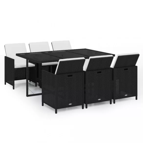 7 részes fekete polyrattan kerti étkezőgarnitúra párnákkal
