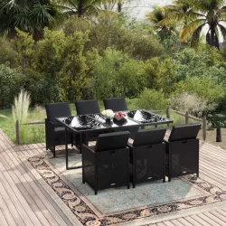   7 részes fekete polyrattan kerti étkezőgarnitúra párnákkal