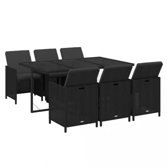 7 részes fekete polyrattan kerti étkezőgarnitúra párnákkal