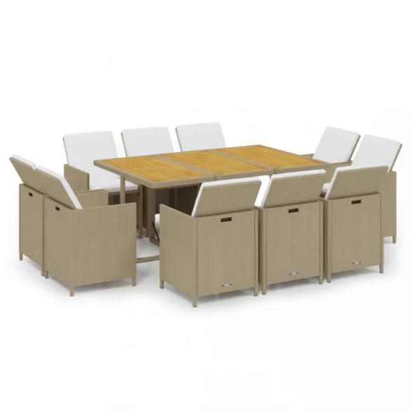 11 részes bézs polyrattan kerti étkezőgarnitúra párnákkal