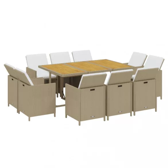11 részes bézs polyrattan kerti étkezőgarnitúra párnákkal