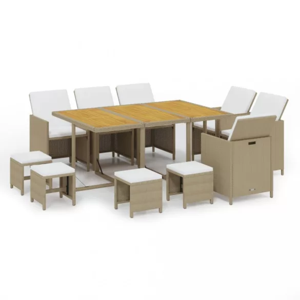 11 részes bézs polyrattan kerti étkezőgarnitúra párnákkal